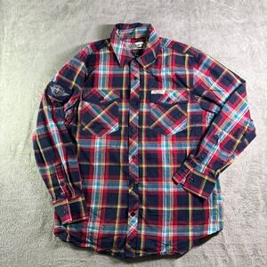 Raw Blue Flannel Shirt "Pride & Justice" Graphic Long Sleeve Plaid Mens L